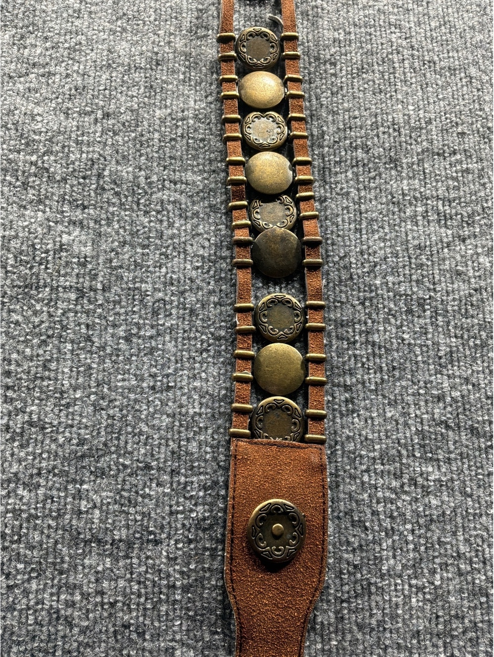 Vintage Brown Suede Leather Belt with Decorative Brass Buttons